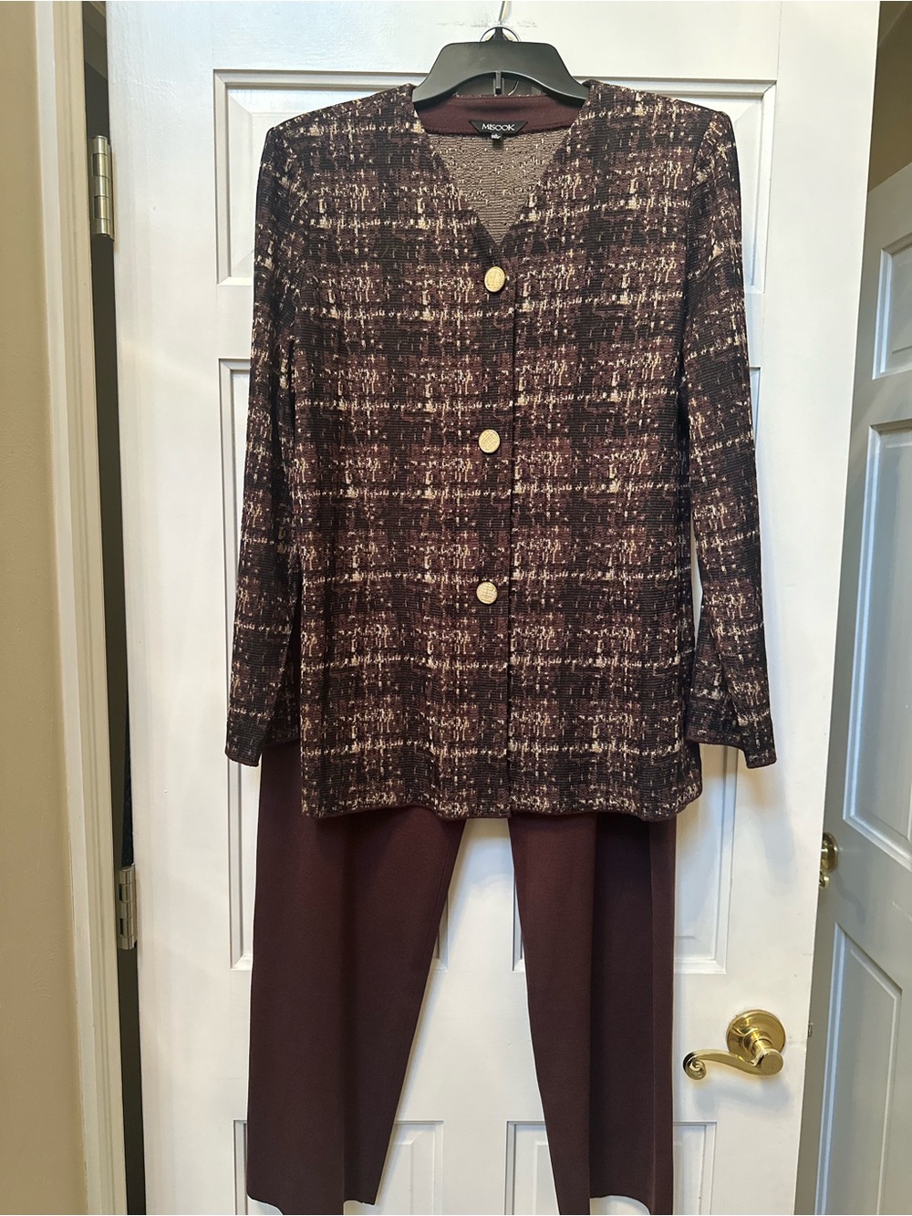 NWT Misook 2-Piece Knit Pantsuit Set Tweed Jacket & Pants Burgundy Size Large